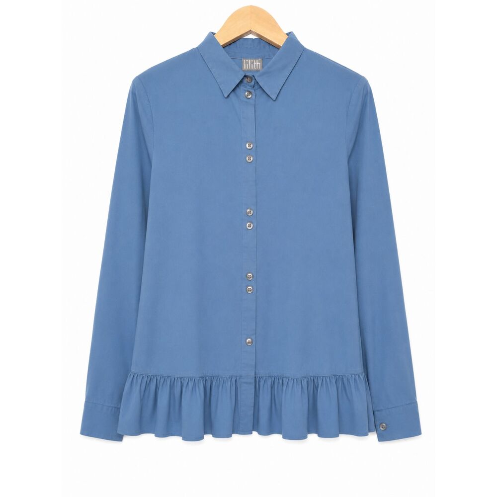 Lilith Italy Blue Asymmetrical Ruffle Hem Blouse Italian Designer Cotton Shirt L
